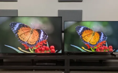 Two display panels compare color vibrancy and contrast between traditional and RGB mini-LED technologies.