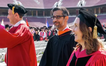 Sundar Pichai addresses Stanford graduates during a student walkout protest.