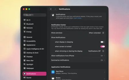 The macOS Tahoe 26 notification settings window displays app permission toggles and focus mode options.
