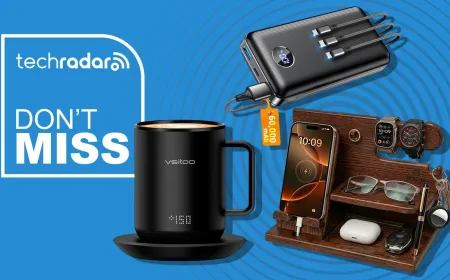 A display of tech gadgets including a power bank, mug warmer, and computer mouse