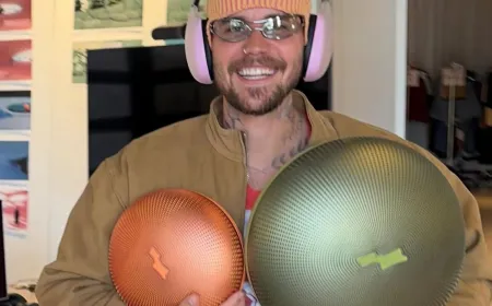 Early SKYLRK Bluetooth speaker concepts by Justin Bieber showing circular cushion-like designs and over-ear headphones.