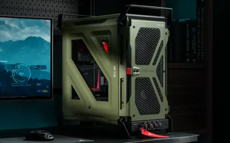 The Corsair Warthog case sits next to the transparent HX1000i Shift Crystal power supply.