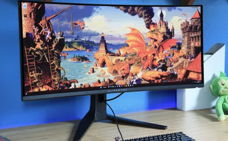 An ultrawide monitor displays a panoramic desktop layout with multiple application windows on a desk.