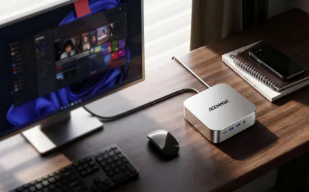 Compact Acemagic M1 mini PC showcasing its Ryzen 7 processor, 24GB RAM, and 1TB SSD storage capacity.