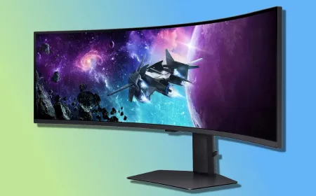 Samsung Odyssey G9 49-inch curved monitor displaying a desktop screen