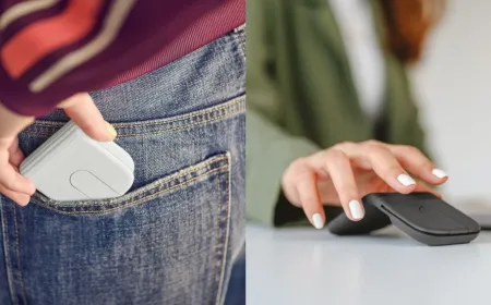 The Logitech Mobi Fold mouse is shown in its compact folded state for mobile professionals.