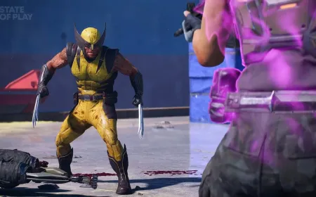 Wolverine traverses a city rooftop during a gameplay sequence that highlights traversal and combat mechanics.