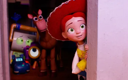 Jessie surrounded by fifty Buzz Lightyear action figures in a quiet room.
