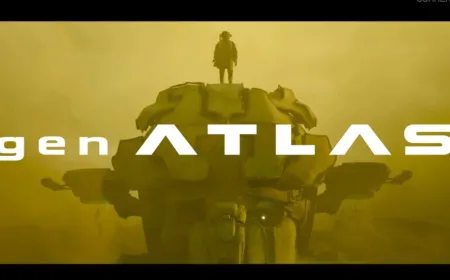 A giant robot navigates through a decaying high-tech environment in the video game gen Atlas.