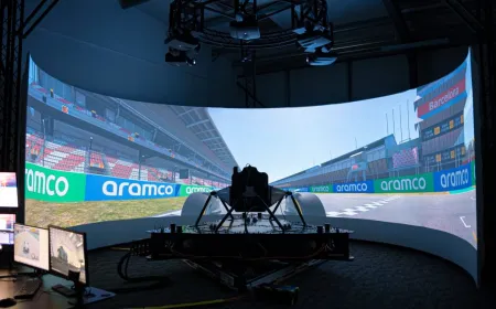 Formula 1 simulator cockpit with a motion platform, steering wheel, and screens for driver training and engineering analysis.