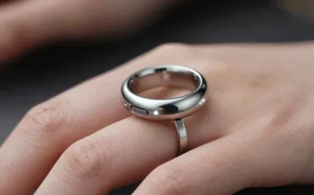 A minimalist smart ring rests on a finger. The device features a compact design for health tracking and connectivity.