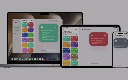 Apple Intelligence interface showing automated workflow generation in Shortcuts and camera notifications in the Home app.