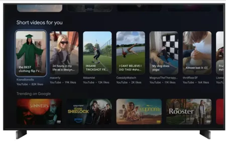 Google TV home screen displaying YouTube Shorts videos alongside newly added generative AI features.