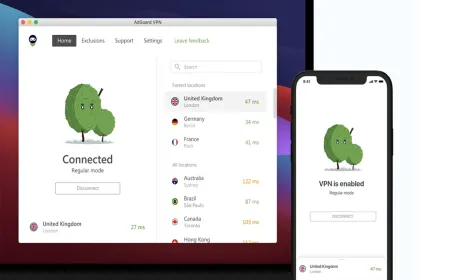 This graphic shows encrypted network connections and a shield icon representing AdGuard VPN and ad blocker software.