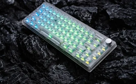 Epomaker HE65 V2 TMR keyboard with tunnel magnetoresistance sensors and a compact 65 percent translucent chassis.