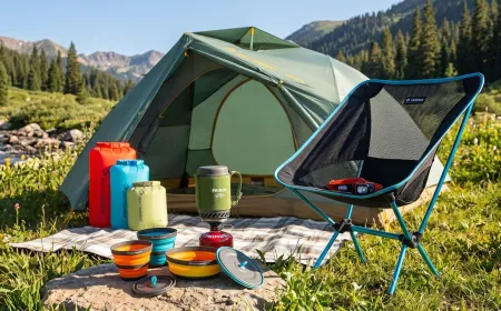 A complete set of reliable camping gear is prepared for an outdoor excursion.