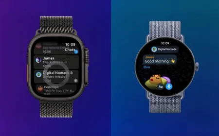 The Telegram smartwatch application displays messaging and voice features for Wear OS and Apple Watch.