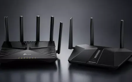 Legal documents and corporate logos illustrating the Netgear versus TP-Link rebranding dispute.