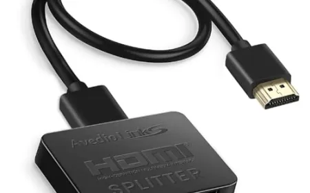 A monitor splitter device connects a workstation to multiple display panels using visible signal cables.