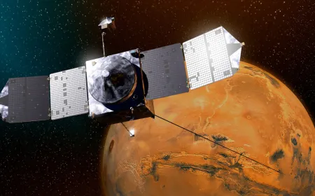 MAVEN spacecraft orbits Mars while analyzing atmospheric loss and solar wind interactions over its eleven year mission.