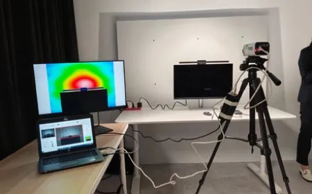 A desk setup features a monitor and adjustable task lighting positioned to reduce screen glare and improve comfort.