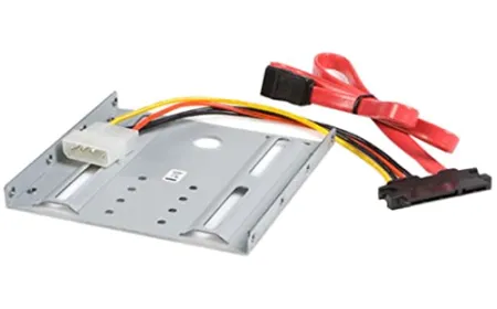 The photograph shows various network attached storage accessories including hard drives, cooling fans, and expansion cables.
