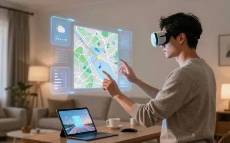 Digital information overlays a physical room through continuous tracking and contextual rendering.