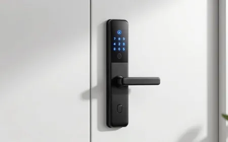 A wireless smart lock mounted on a residential door provides digital access and physical security integration.