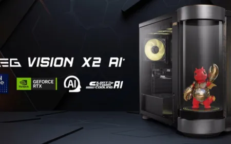 The MSI MEG Vision X2 desktop displays the AI Holostage with an animated dragon avatar for hands-free control.