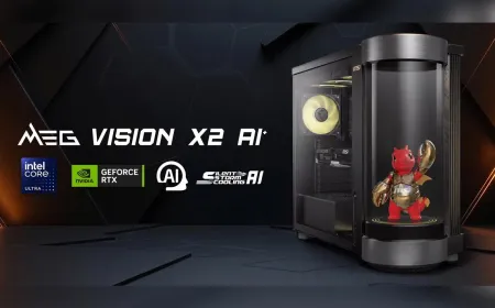 The MSI MEG Vision X2 AI+ desktop gaming system projects a virtual companion onto a cylindrical display.