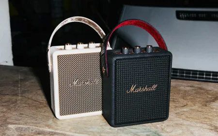 The black Marshall Stockwell III Bluetooth speaker features a modular battery module and a USB-C port.
