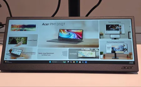 The Acer PM131QT portable monitor features a 12.3 inch ultrawide display with touch controls and magnetic mounting brackets.