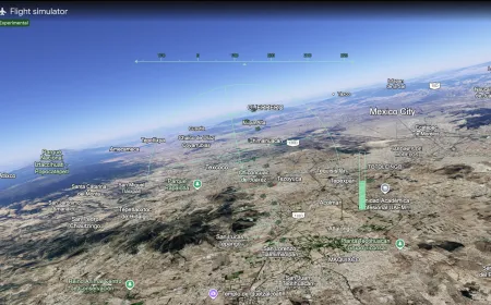 The Google Earth flight simulator interface displays browser-based navigation of three-dimensional terrain.