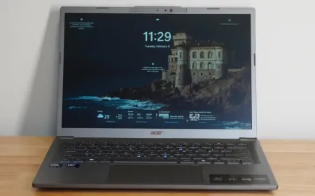 The Acer Aspire 14 AI laptop rests open on a desk with its keyboard and display clearly visible.