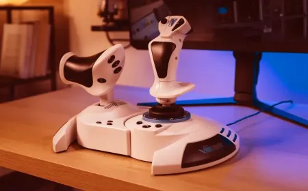 The Thrustmaster T.Flight Hotas 5 controller includes a joystick, throttle, and dual rudder pedals.