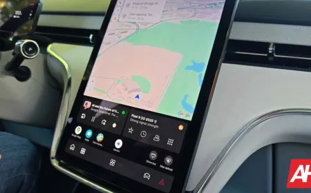 A car dashboard displays Google Maps stuck in bright day mode during nighttime driving due to an Android Auto bug.