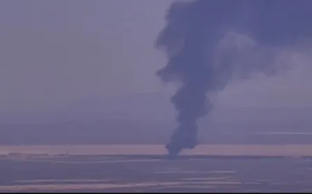 Emergency responders secure the area near a crashed B-52 Stratofortress at Edwards Air Force Base.