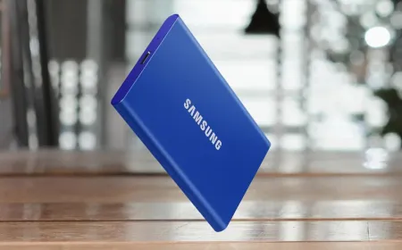 The Samsung T7 portable SSD features a compact aluminum casing and a USB Type-C connector.