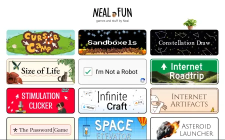 The Neal.fun homepage displays interactive experiments, games, and data visualization tools.