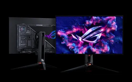 The ASUS ROG Swift OLED monitor features an RGB lighting strip and is displayed at Computex 2026.