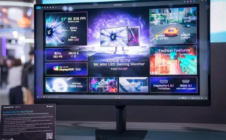 The twenty seven inch Gigabyte Aorus Elite 5K Mini LED monitor is shown from the front with its control panel visible.