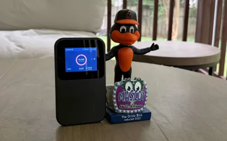 Travlfi JourneyGo 5G mobile hotspot device showing its front panel and connectivity ports