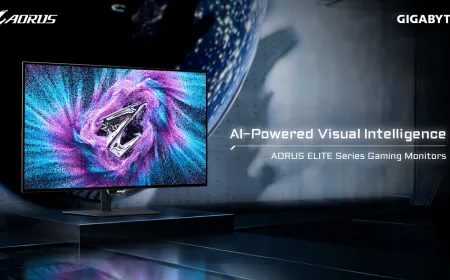 Gigabyte AORUS ELITE monitor highlighting AI processing and OLED protection features.