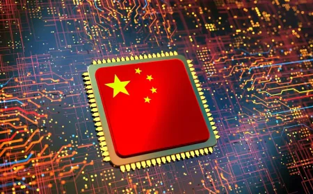 Domestic AI server racks and silicon chips illustrate China's two hundred ninety five billion dollar data center network.