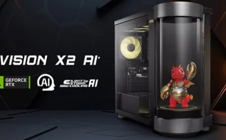 MSI MEG Vision X2 desktop featuring the cylindrical AI Holostage display and LuckyClaw AI companion.
