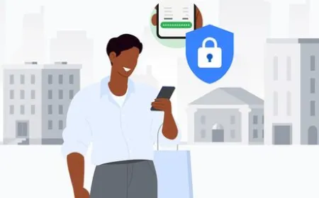 A smartphone screen shows biometric verification for Google Wallet online checkout.