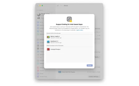 The macOS Golden Gate settings panel displays a compatibility warning list for Intel-based applications.