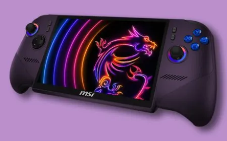 The MSI Claw 8 EX AI+ handheld gaming device is shown from the front with its controls and screen visible.