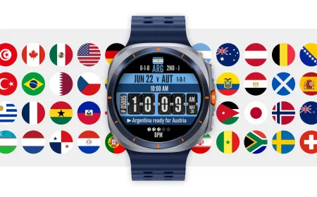 The Wear OS smartwatch displays the Kick It watch face with live World Cup scores and team standings.