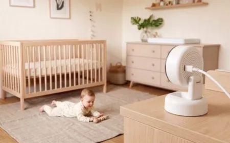 Momcozy BM08 smart baby monitor showing millimeter-wave sensor data and automated health tracking interface.